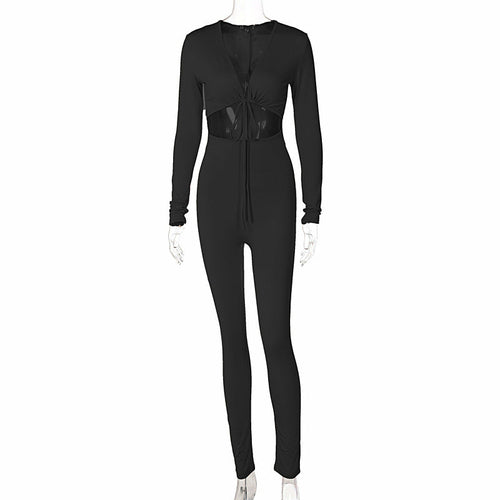 Sexy Tie-up Hollow-out Long-sleeved Pants Jumpsuit