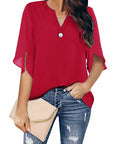 Short Sleeved Solid Color V-neck Chiffon Tops