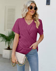 Casual Short-Sleeve V-Neck Tops with Knotted Front