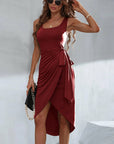 Irregular Hem Tie Strap Slip Dress Midi Length.