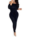 Off-Shoulder Pants Jumpsuit with Waist Tie for Women