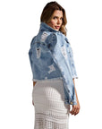 Fashionable Tops  Women's Denim Jacket with Distressed Details