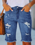 Fringed High Elasticity Mid-Waist Pants Cropped Ripped Jeans