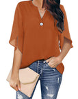 Short Sleeved Solid Color V-neck Chiffon Tops