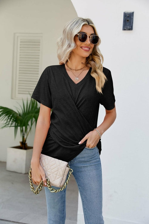 Casual Short-Sleeve V-Neck Tops with Knotted Front