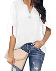 Short Sleeved Solid Color V-neck Chiffon Tops