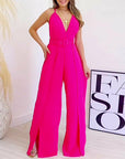 V-neck High-waisted Jumpsuit with Split Wide Leg Pants with Belt