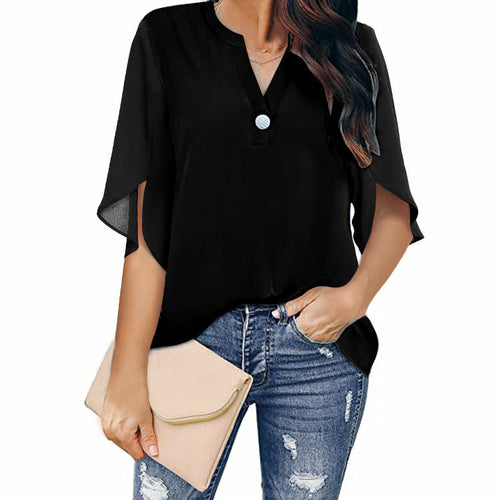 Short Sleeved Solid Color V-neck Chiffon Tops