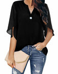 Short Sleeved Solid Color V-neck Chiffon Tops