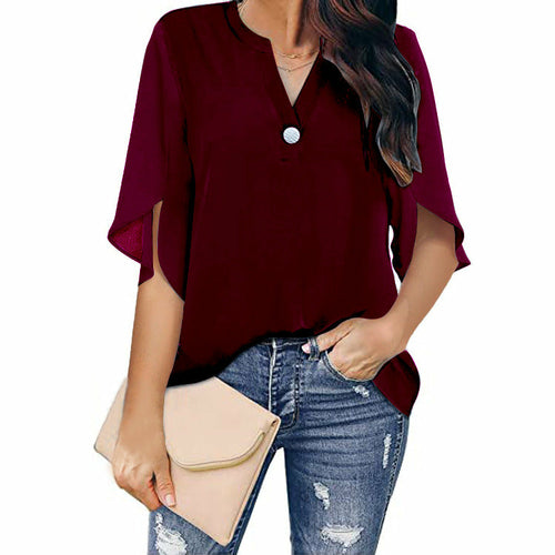 Short Sleeved Solid Color V-neck Chiffon Tops