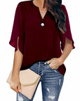 Short Sleeved Solid Color V-neck Chiffon Tops