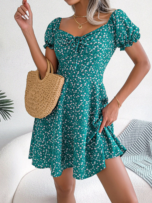 Drawstring Tie Floral Flower Swing Dress