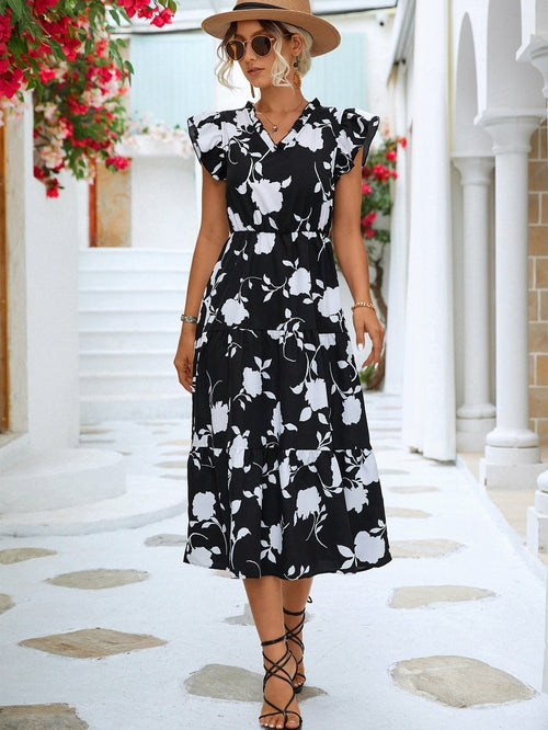 Floral Print Flounce Sleeve Dress