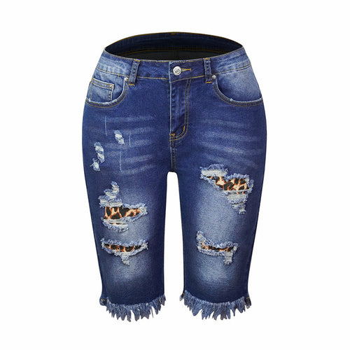 Fringed High Elasticity Mid-Waist Pants Cropped Ripped Jeans