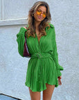 Green Pleated Skinny Puff Sleeve Pleated Dress