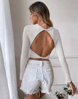 Backless Casual Short Knit Slim Fit Long Sleeve Tops