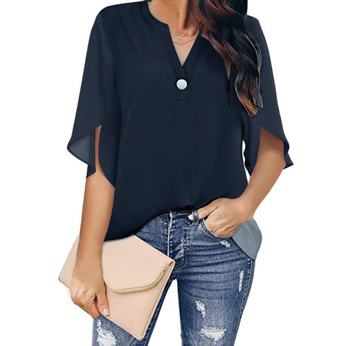 Short Sleeved Solid Color V-neck Chiffon Tops