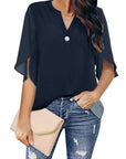 Short Sleeved Solid Color V-neck Chiffon Tops