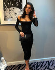 Mesh Halter Dress Long Sleeve Hollow out Bodycon Midi Dress