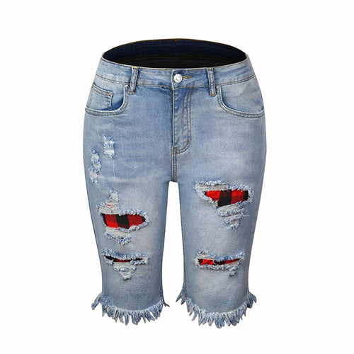 Fringed High Elasticity Mid-Waist Pants Cropped Ripped Jeans