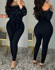 Off-Shoulder Pants Jumpsuit with Waist Tie for Women