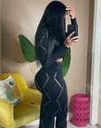 Sexy Hollow High Waist Tight Pants Casual Sports Suit