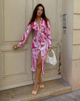 Long Sleeve Printed Bodycon Pink Pencil Midi Women's Dress