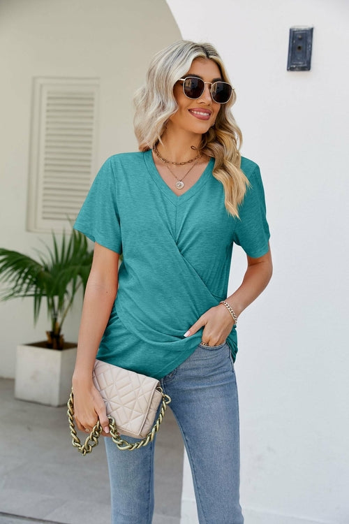 Casual Short-Sleeve V-Neck Tops with Knotted Front