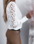 Long Sleeve V-Neck Lace Panel Tops for Women