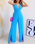 V-neck High-waisted Jumpsuit with Split Wide Leg Pants with Belt