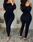 Off-Shoulder Pants Jumpsuit with Waist Tie for Women