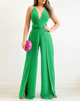 V-neck High-waisted Jumpsuit with Split Wide Leg Pants with Belt