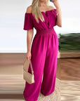 Off Shoulder Shirred Waist Pants Jumpsuit