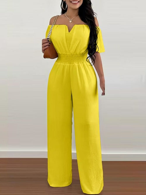 Off Shoulder Shirred Waist Pants Jumpsuit