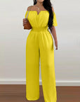 Off Shoulder Shirred Waist Pants Jumpsuit