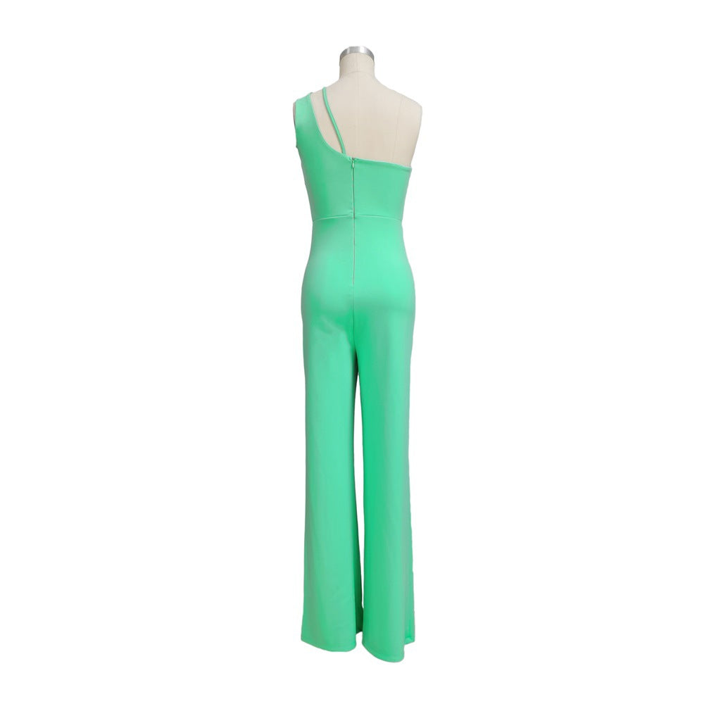 One Shoulder Sleeveless Wide Leg Solid Elegant Pants Jumpsuits