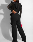 Women Long Sleeve V Neck Lace Insert Casual Pants Jumpsuit