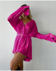 Green Pleated Skinny Puff Sleeve Pleated Dress