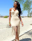 Women Ribbed Tassel Sexy Sleeveless Backless Halter Bodycon Midi Dress