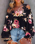 Floral Print Lace Patch Cold Shoulder Tops