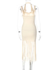 Women Ribbed Tassel Sexy Sleeveless Backless Halter Bodycon Midi Dress