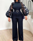 Women Mesh Long Sleeve Elegant Pants Jumpsuit Chic Belted Wide Leg