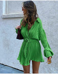 Green Pleated Skinny Puff Sleeve Pleated Dress