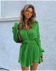 Green Pleated Skinny Puff Sleeve Pleated Dress