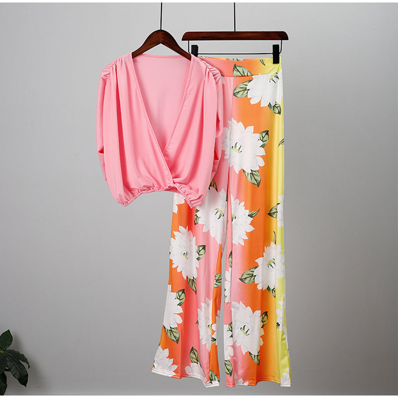 V-neck Bat Sleeve Top Printed Wide-leg Pants Suit