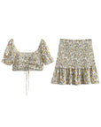 Boho Floral Printed Short Sleeve Cropped Tops With High Wasit Elegant