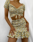 Boho Floral Printed Short Sleeve Cropped Tops With High Wasit Elegant