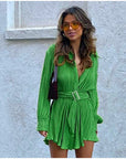 Green Pleated Skinny Puff Sleeve Pleated Dress