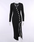 Knitted Women Long Sleeve Hem Slit With Button Dress