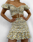 Boho Floral Printed Short Sleeve Cropped Tops With High Wasit Elegant